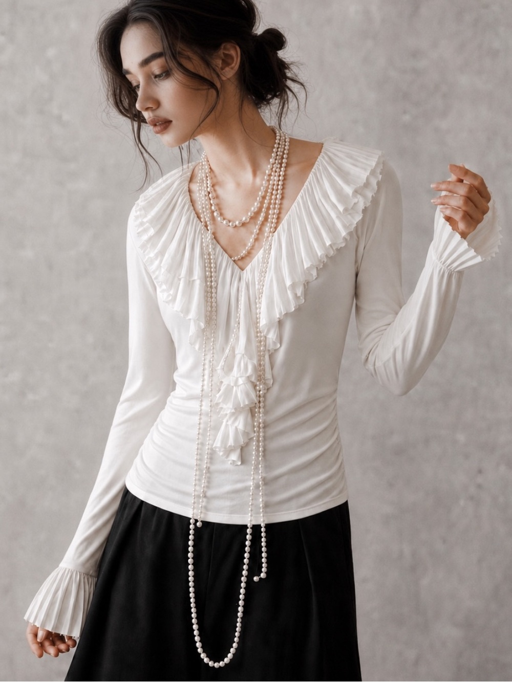 CAbi Ivory Pleated Ruffle Beethoven Poet Blouse | Romantic Statement Top Medium